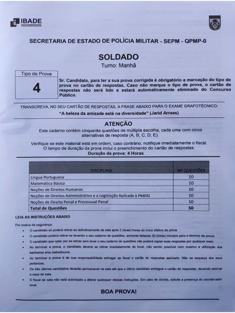 Prova Tipo 4 PMERJ 2023 Gabarito Extraoficial PDF