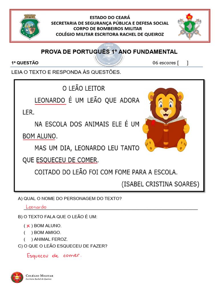 Prova de Português e Matemática 1º Ano | PDF