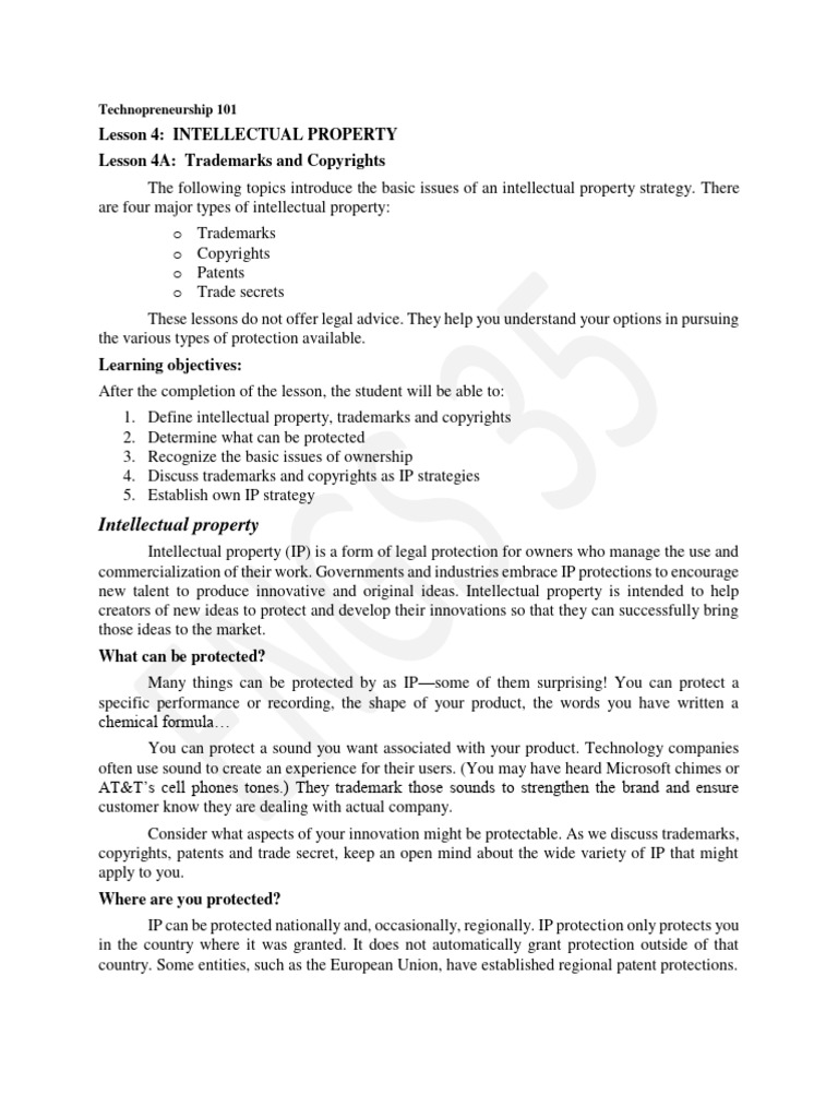 Techno 101 Lecture 4A Intellectual Property | PDF | Intellectual ...