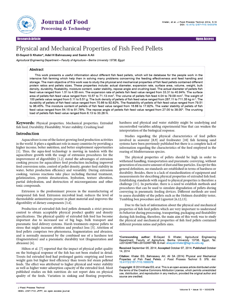 Physical and Mechanical Properties of Fish Feed Pellets 2157 7110. ...