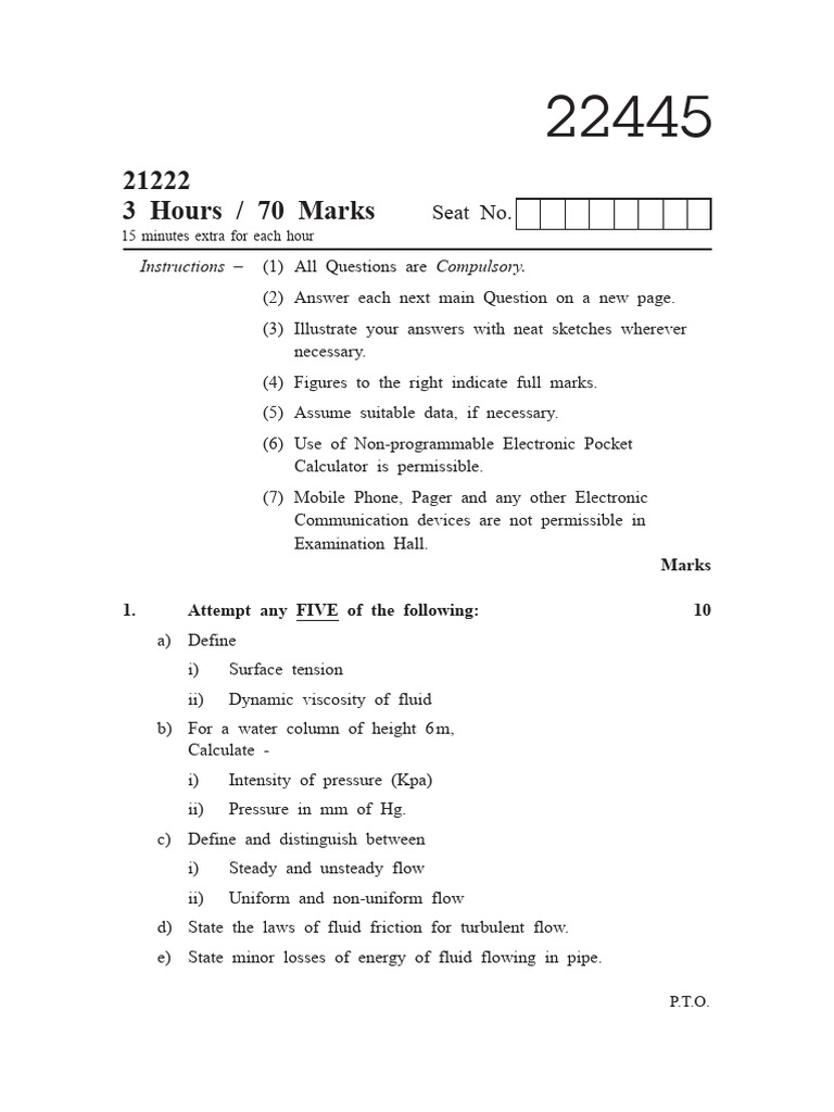 FMM Question Paper with Answers 22445 | PDF | Pump | Jet Engine