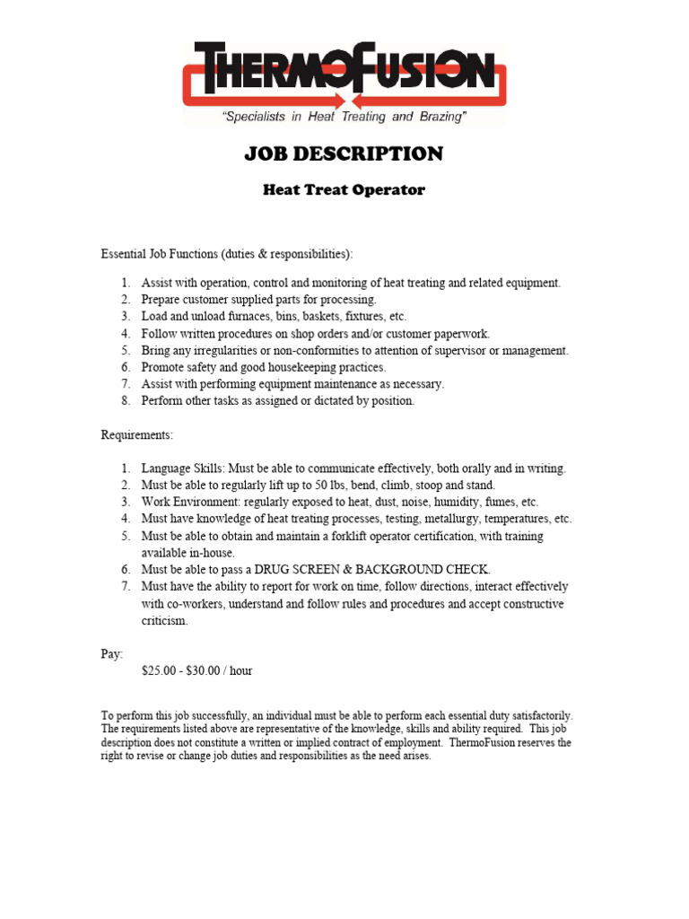 Heat Treat Operator For Job Fair PDF