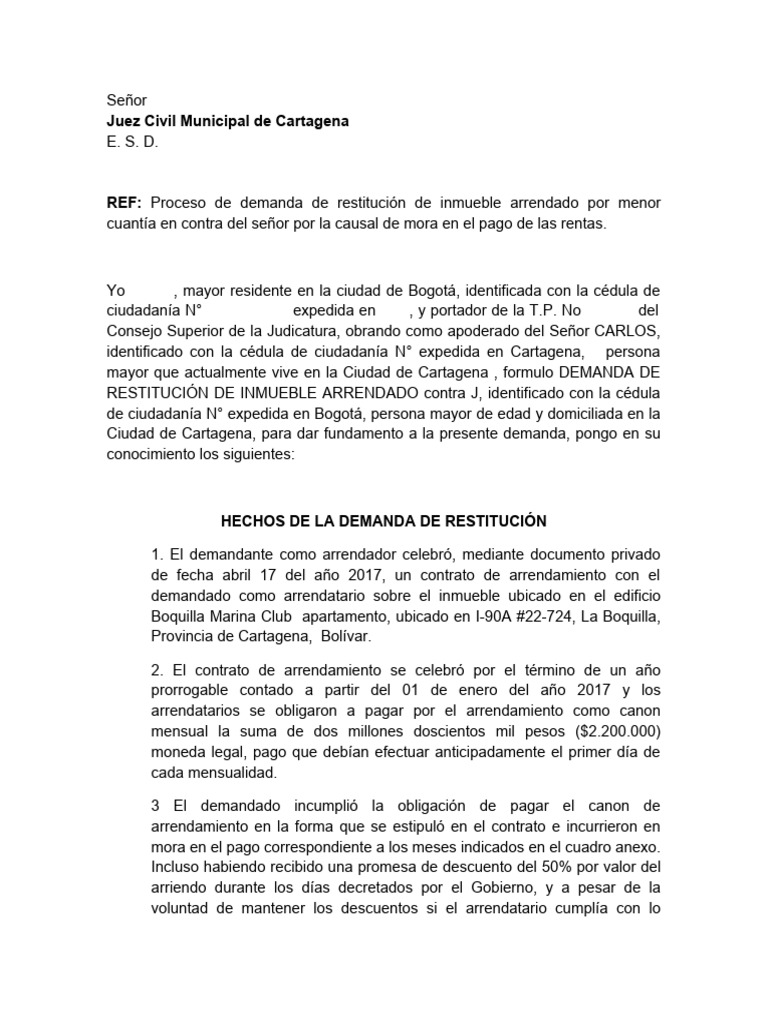 Demanda de Restitución de Bien Inmueble | PDF | Daños y perjuicios