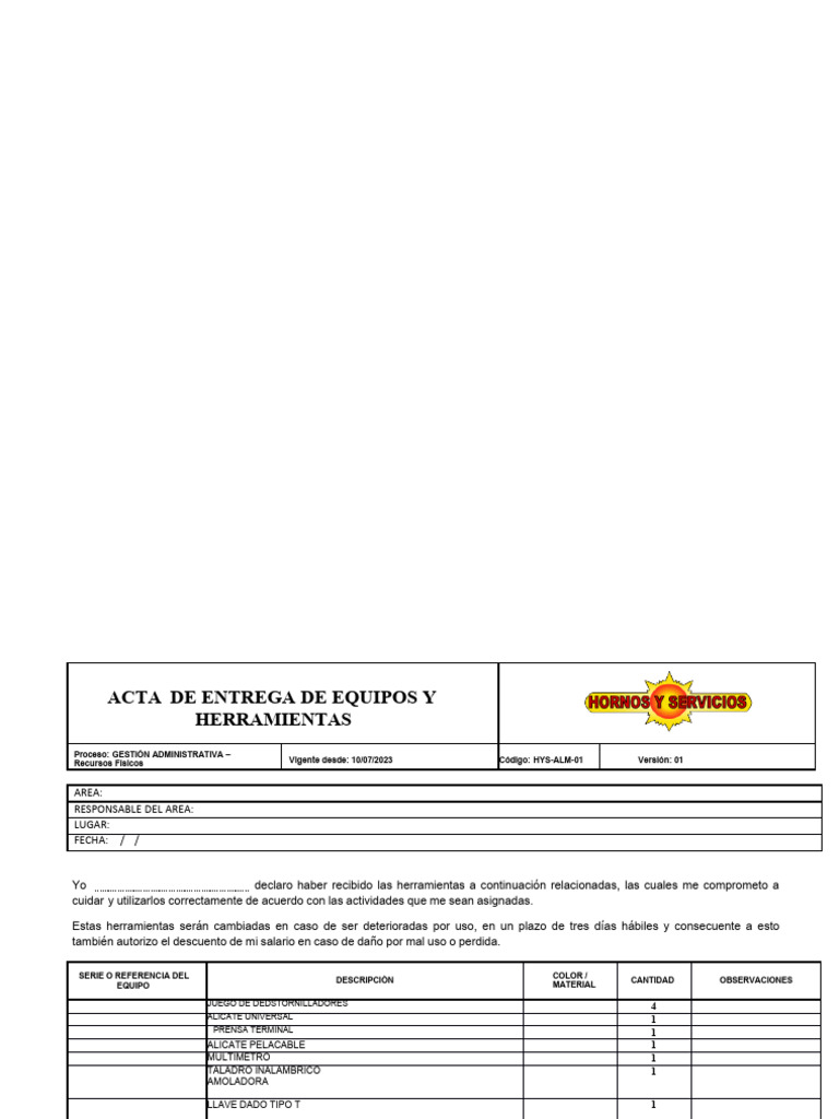 Acta de Entrega de Herramientas y Equipos | PDF