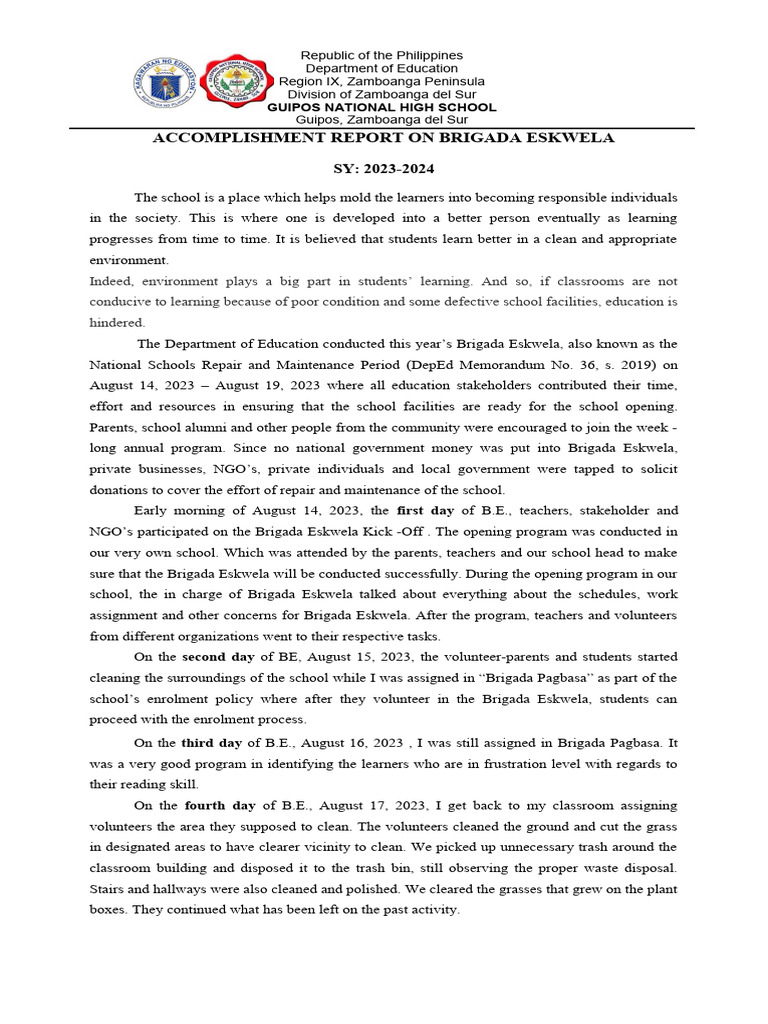 Brigada Eskwela Accomplishment Report 2023 | PDF