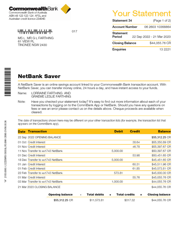 Commonwealth Bank Account Statement Summary | PDF