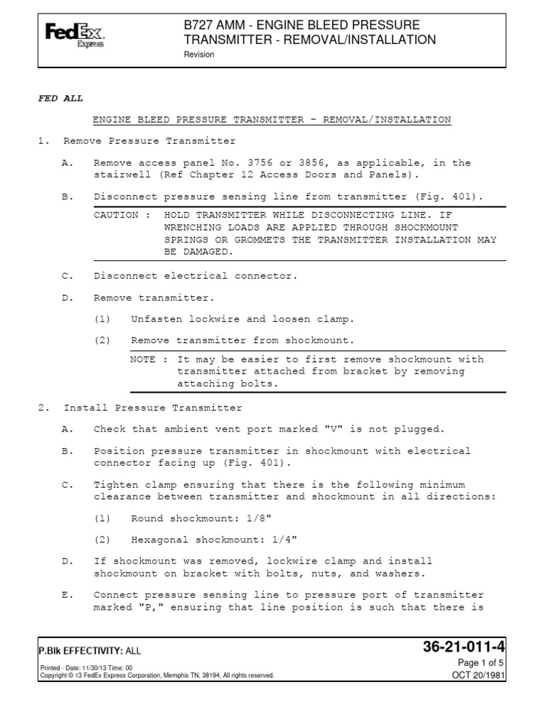 B727 Amm - Engine Bleed Pressure Transmitter - Removal/Installation ...
