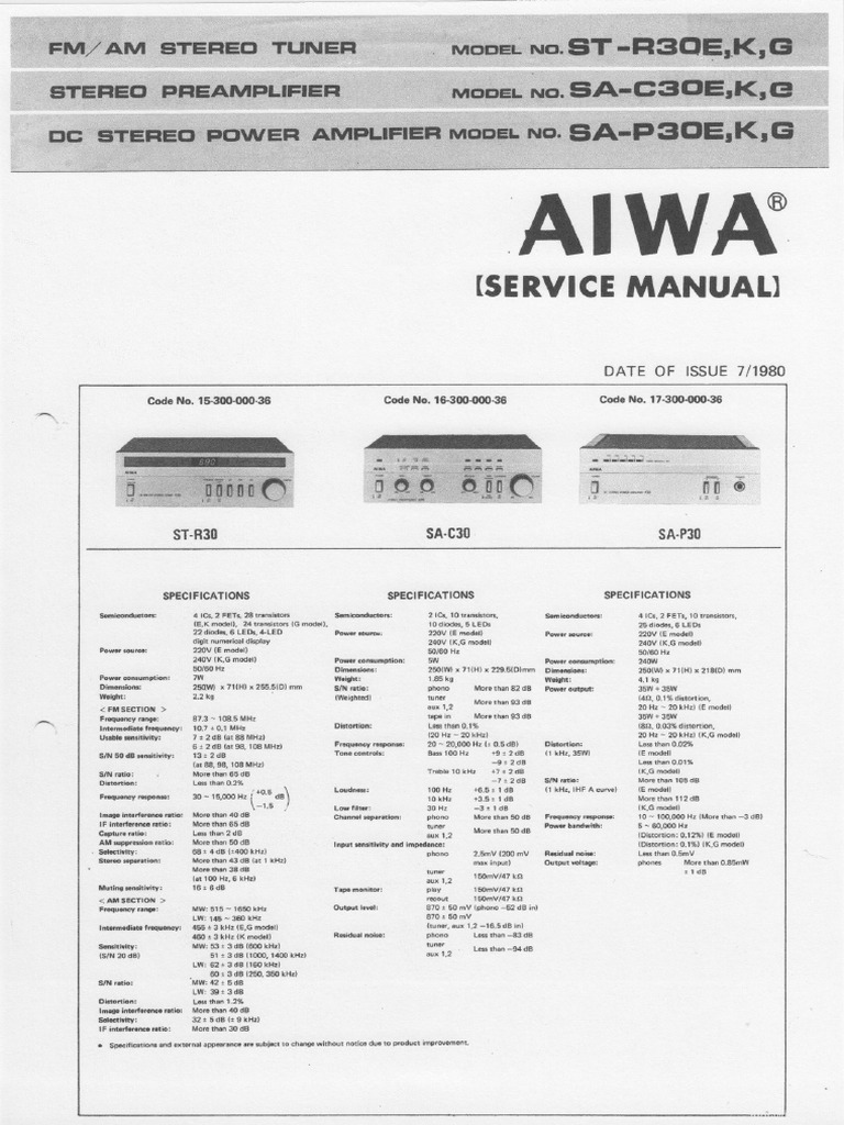 Hfe Aiwa Sa-P30 p30 St-r30 e K G Parts List Schematics en | PDF