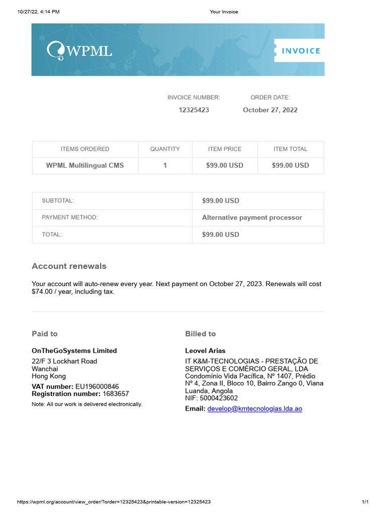 WPML Invoice for OnTheGoSystems | PDF