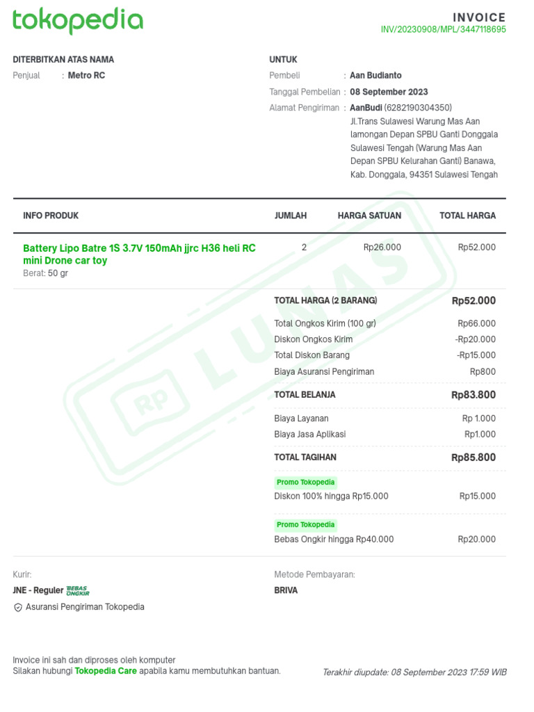 Invoice Pembelian Battery Lipo RC 150mAh | PDF
