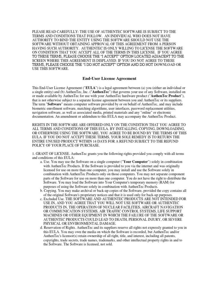 Authen Tec EULA | PDF | License | Proprietary Software