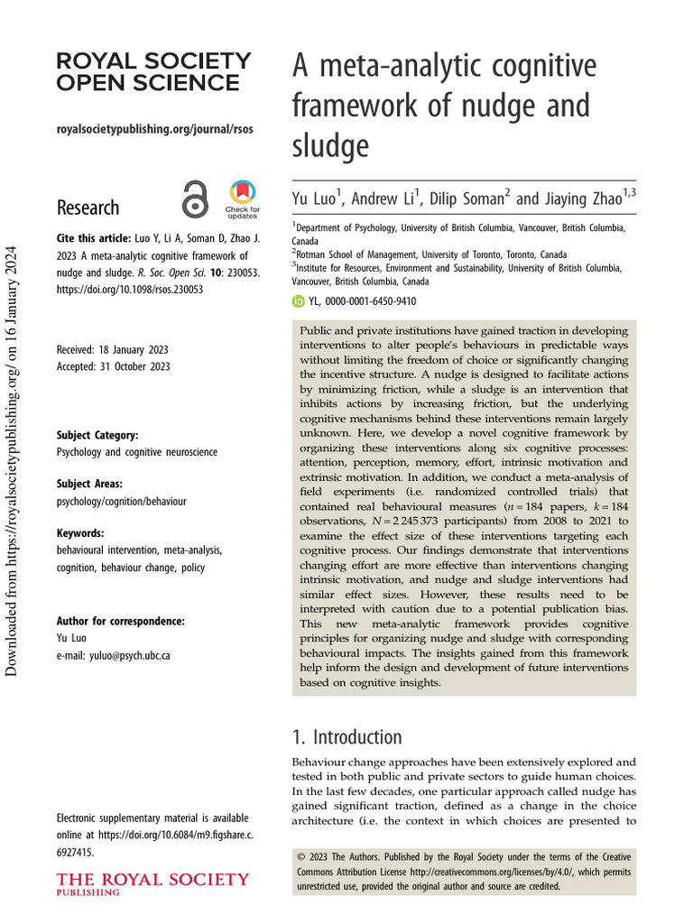 Luo Et Al 2023 A Meta Analytic Cognitive Framework of Nudge and Sludge ...