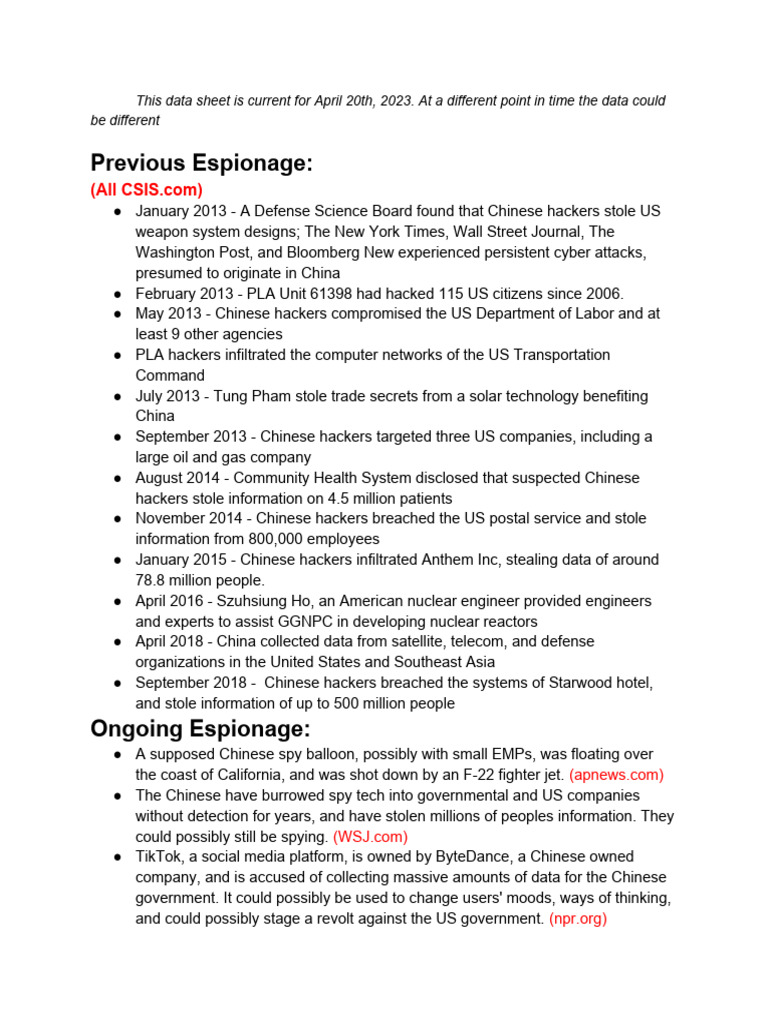 Ongoing Chinese Espionage In The United States 1 Pdf Theft Espionage