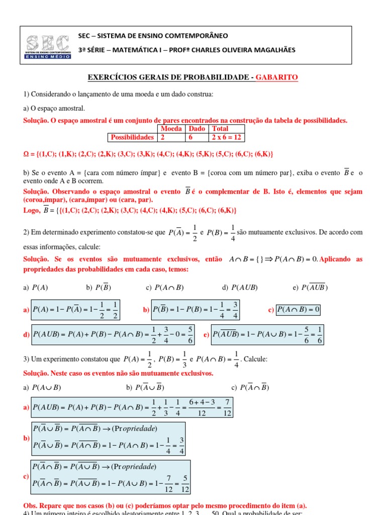 Exercícios de Probabilidade com Gabarito | PDF | Probabilidade | Vermelho