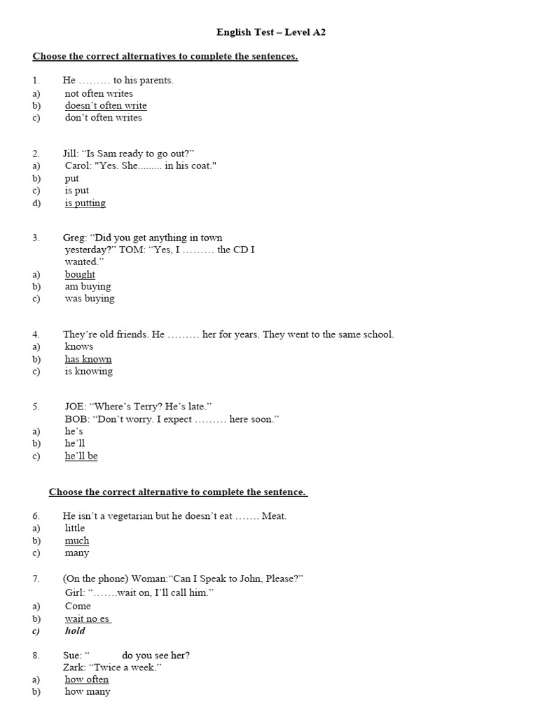 A2 English Test: Sentence Completion | PDF