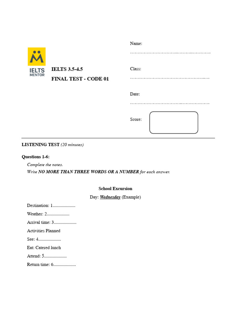 (Ielts 4.5-5.5) Final Test Code 1 LWR | PDF