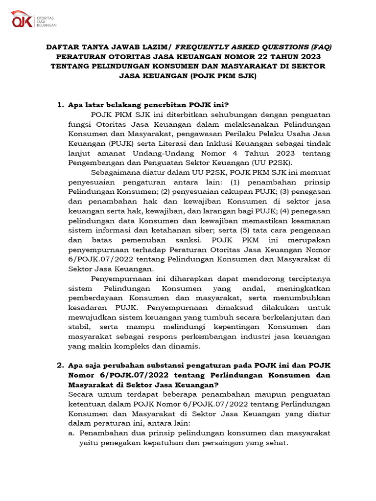 FAQ POJK 22 Tahun 2023 Pelindungan Konsumen Dan Masyarakat Di Sektor