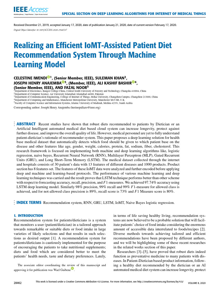 Deep Learning for IoMT Diet Recommendations | PDF | Machine Learning ...