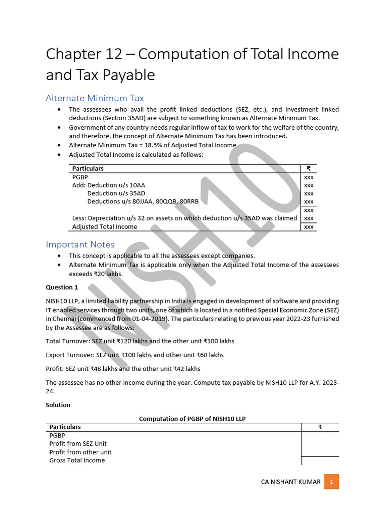 Chapter 12 computation of total income and tax payable notes pdf