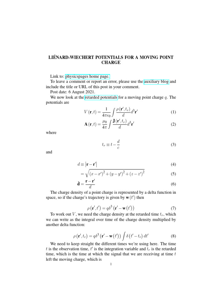 LiénardWiechert Potentials For A Moving Point Charge PDF Applied