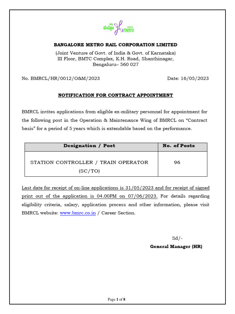 BMRCL Station Controller Contract Notice | PDF | Diploma | Military ...