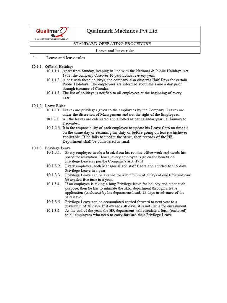 Qualimark Pvt Ltd Leave Policy Overview | PDF | Labor | Business