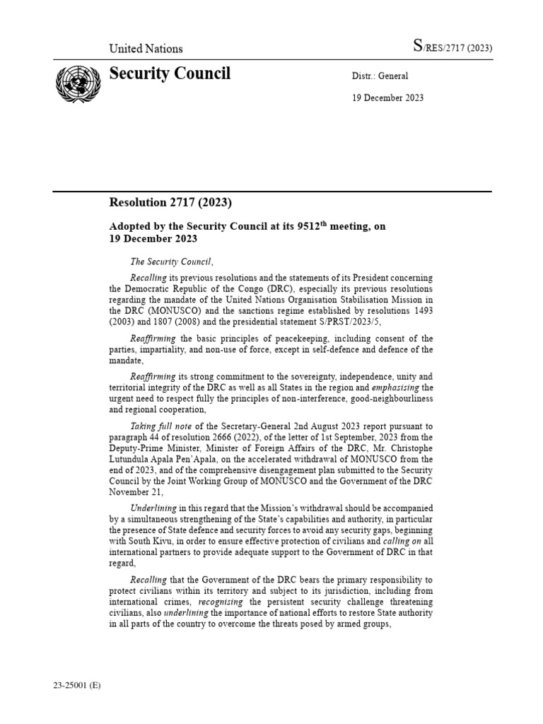 UN Resolution 2717: DRC Peacekeeping and MONUSCO Withdrawal | PDF ...