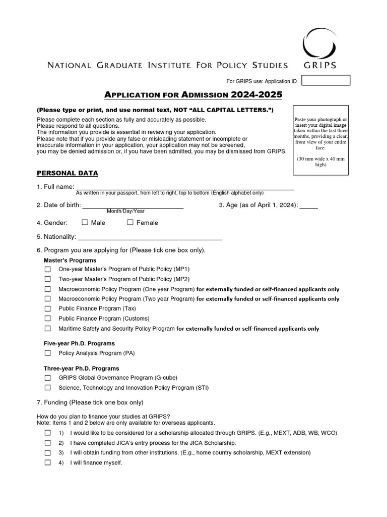 GRIPS AppForms Application 2024 PDF Postgraduate Education