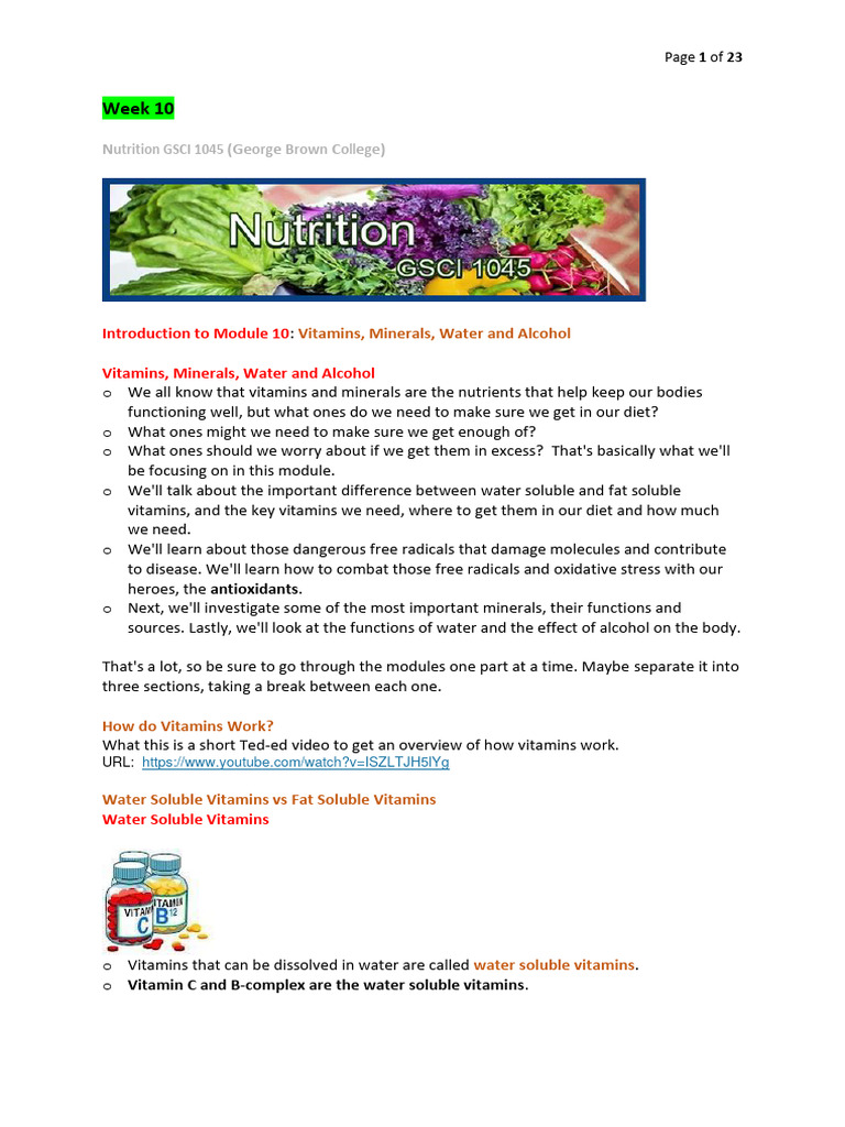 Nutrition-GSCI1045 Lecture - Week 10 | PDF | Vitamin | Alcoholism