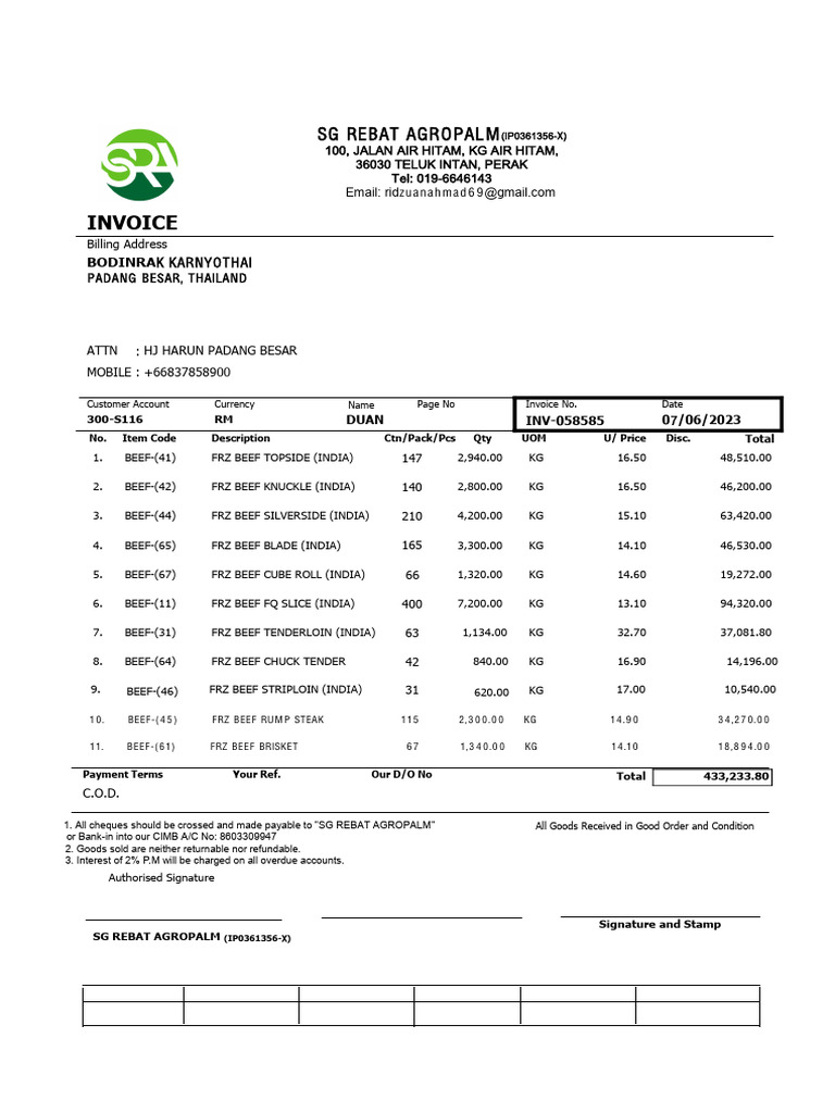 Invoice for Frozen Beef Products | PDF | Animal Products | Cattle Products
