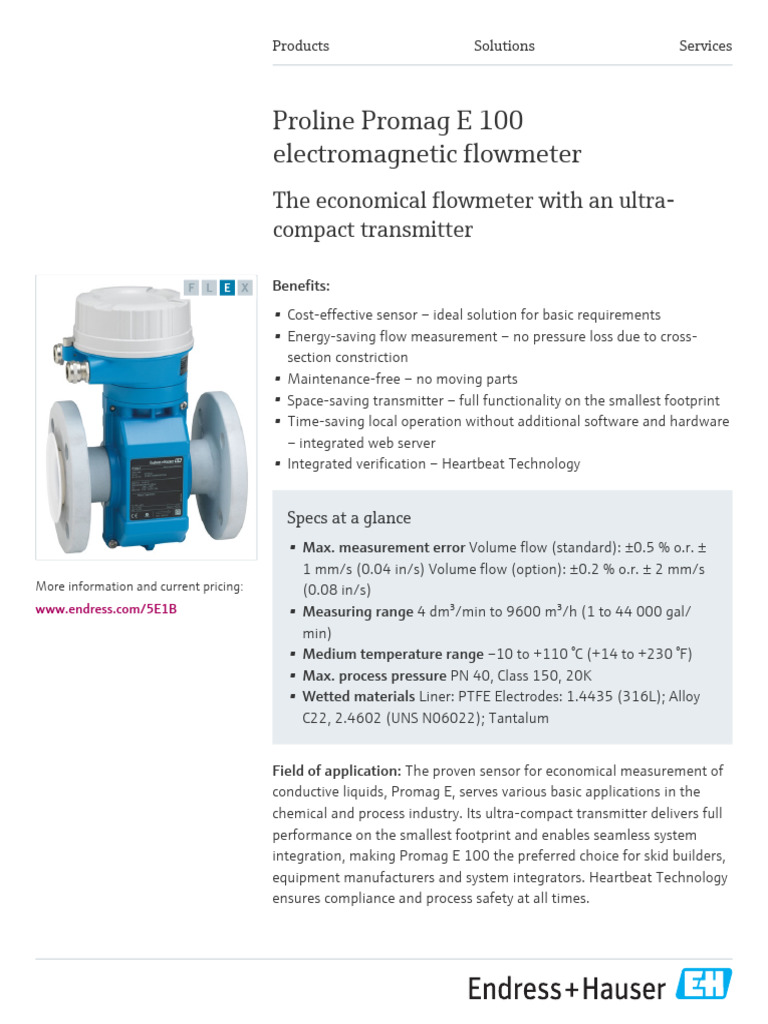 Promag E 100 Flowmeter Overview | PDF | Flow Measurement | Sensor