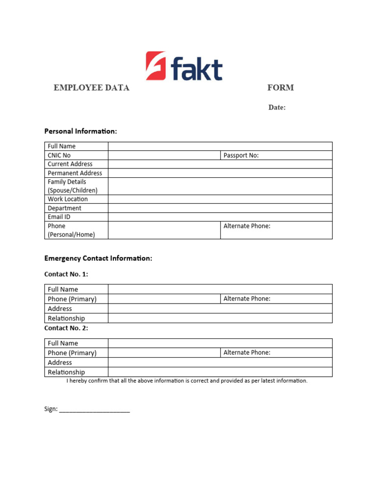 Employee Data Form PDF