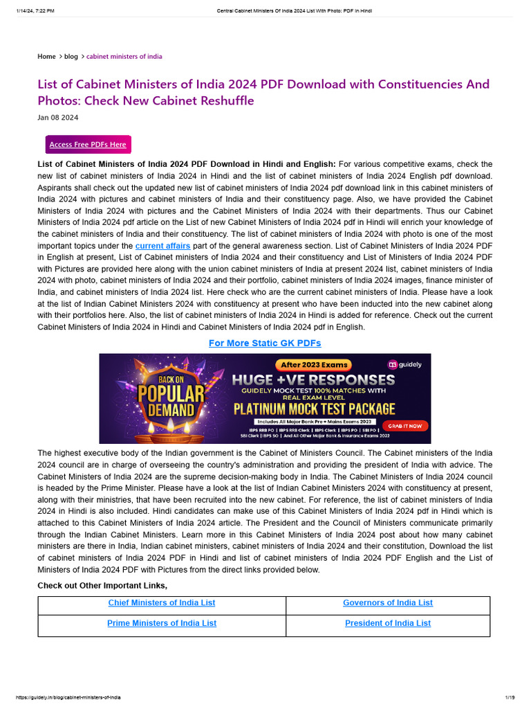 Central Ministers of India 2024 PDF (Government