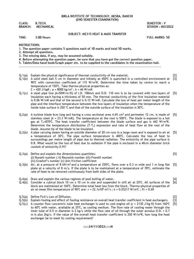 ME315 Heat & Mass Transfer Exam Paper | PDF | Heat Transfer | Thermal ...