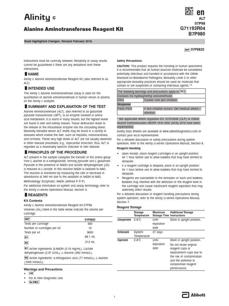 Alinity c ALT Reagent Kit Instructions | PDF | Alanine Transaminase | Assay