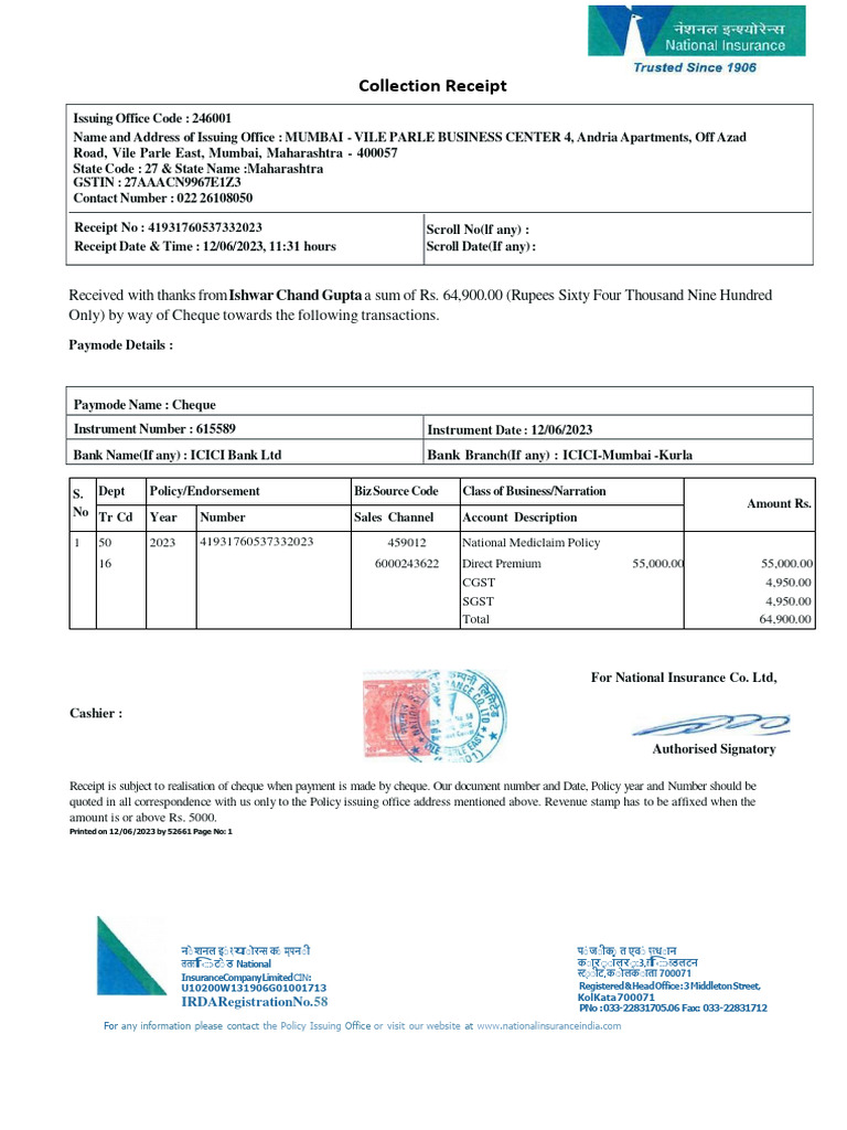 Collection Receipt for National Mediclaim | PDF