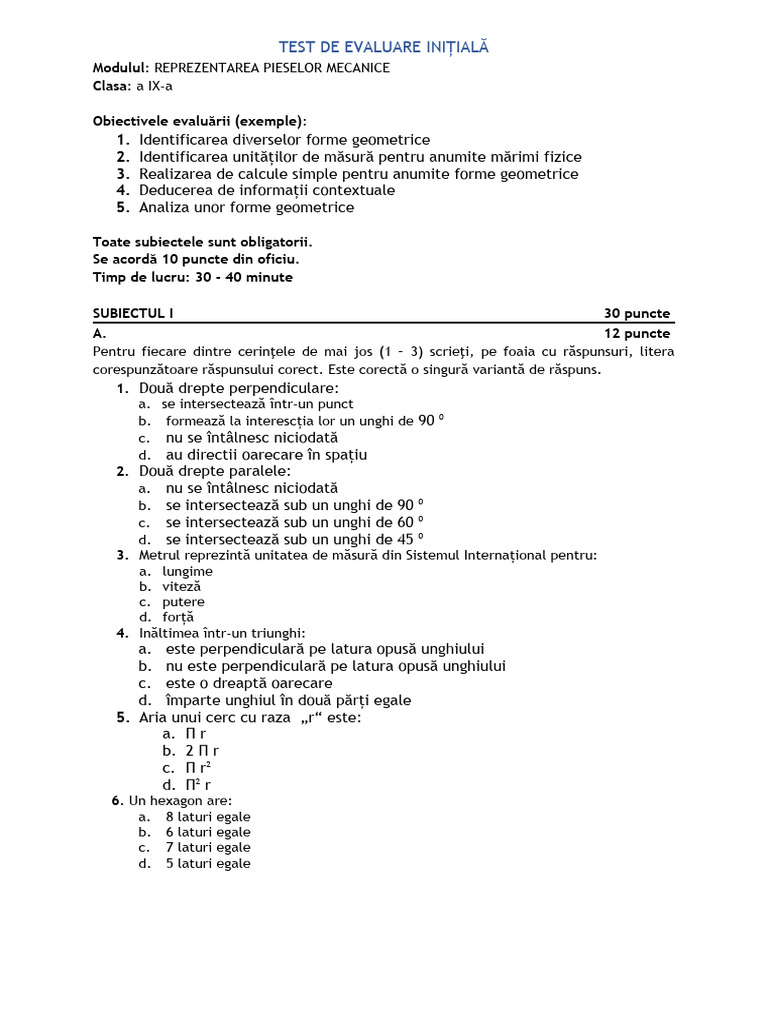 Test de Evaluare Initiala Desen 20212022 | PDF