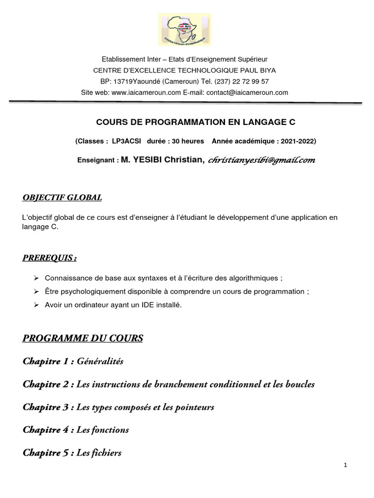 Cours de Programmation en Langage C | PDF | Compilateur | Pointeur ...