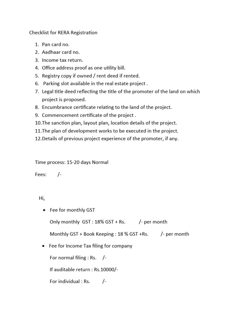 RERA Registration Document Checklist | PDF | Finance & Money Management ...