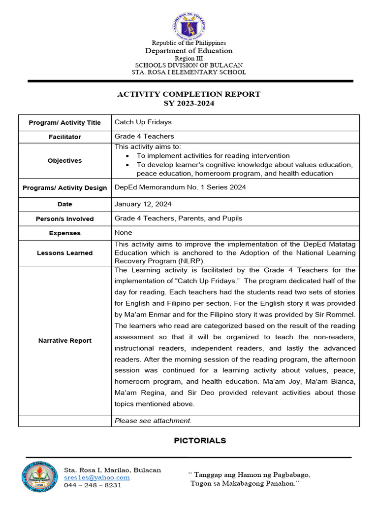 Catch Up Fridays Activity Report | PDF | Learning | Education Theory