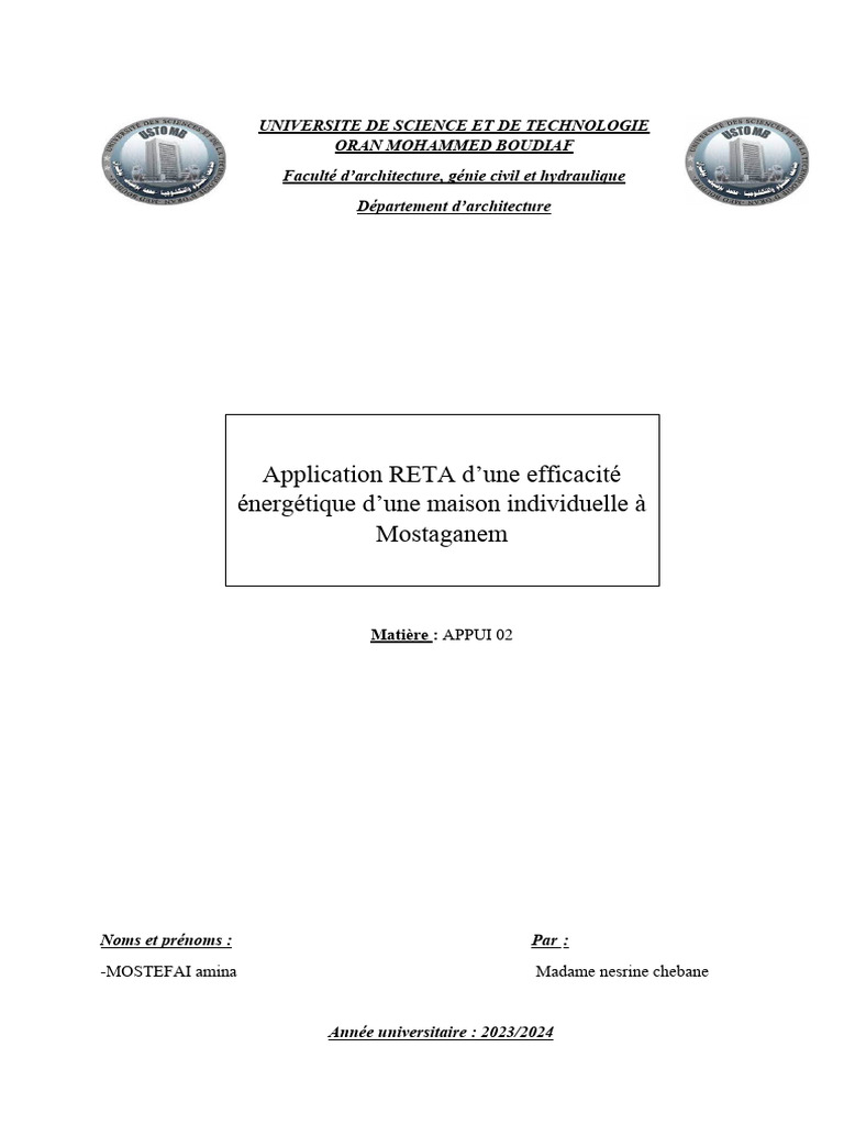 Efficacité énergétique avec RETA à Mostaganem | PDF | Isolation ...