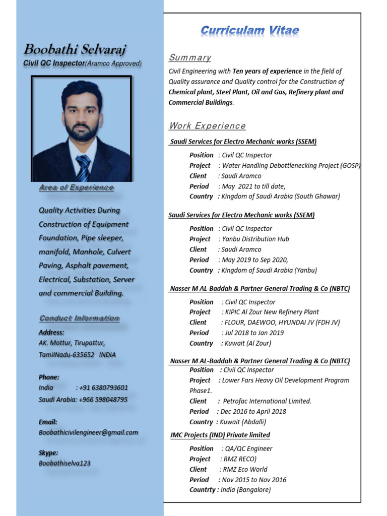 CV and Documents for Boobathi Selvaraj Civil Qc Inspector | PDF