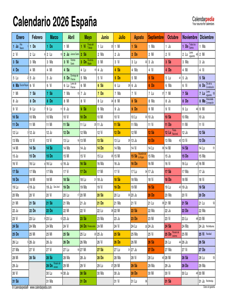 Calendario 2026 Horizontal en Color PDF