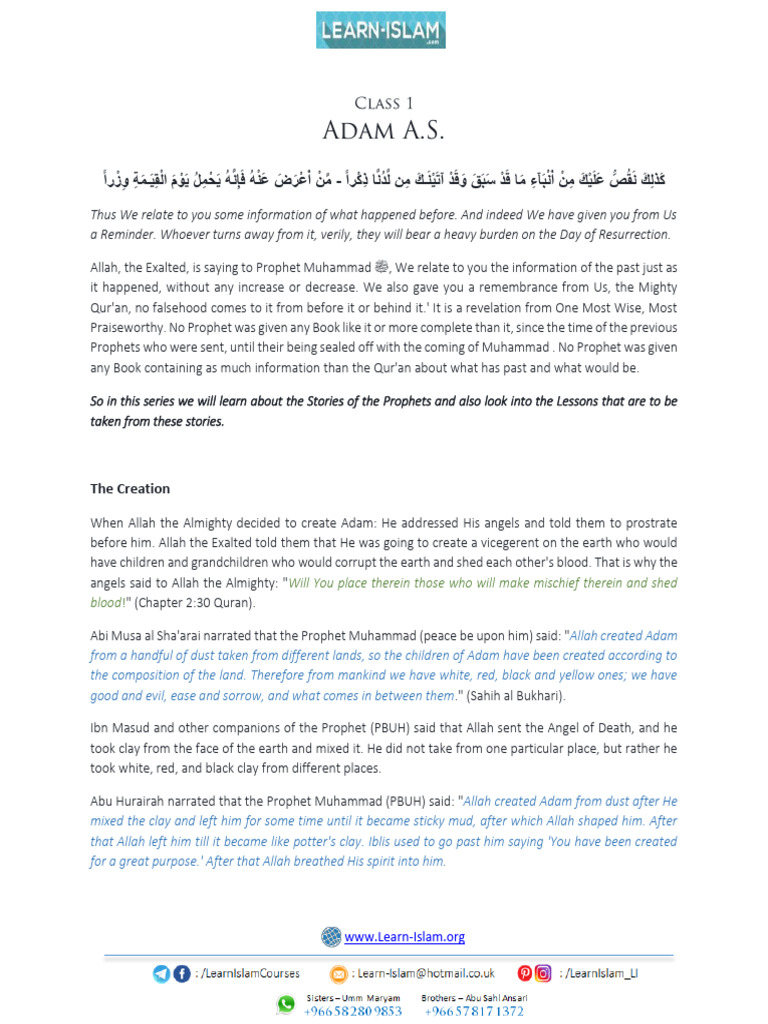 Story of Prophet Adam in Islam | PDF | Adam | Adam And Eve