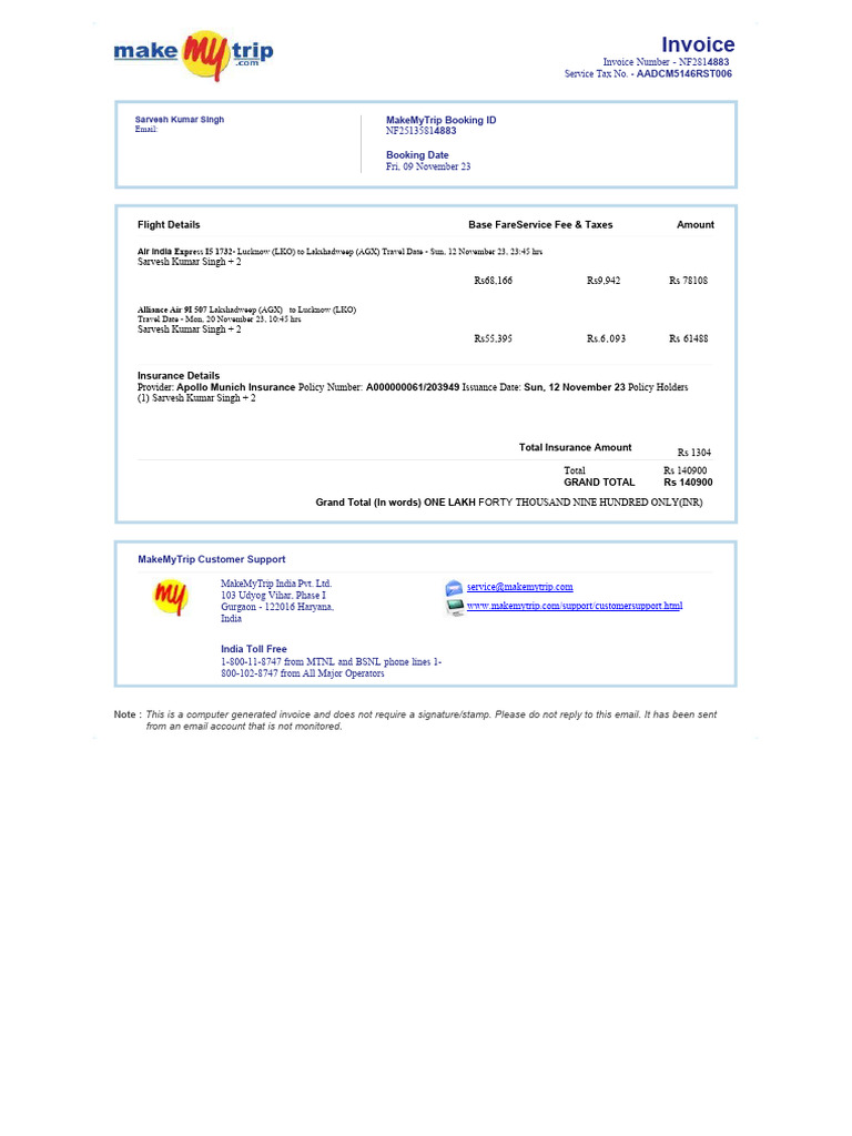 MakeMyTrip Invoice for Flight Booking | PDF