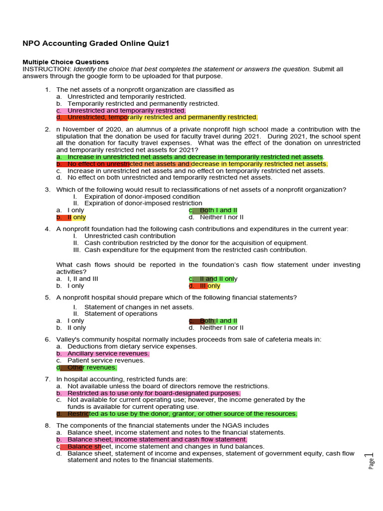 NPO Accounting Quiz and Guidelines | PDF | Income Statement | Nonprofit ...