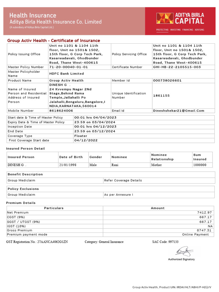 HDFCGA0312202100003212 | PDF | Insurance | Identity Document
