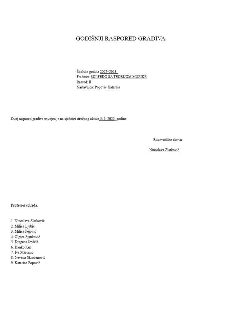Godišnji Raspored Gradiva | PDF
