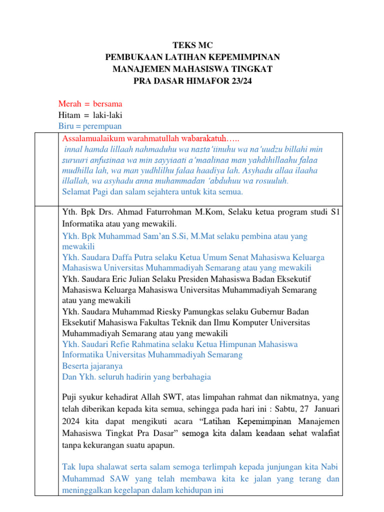 Teks MC Pembukaan Latihan Kepemimpinan | PDF