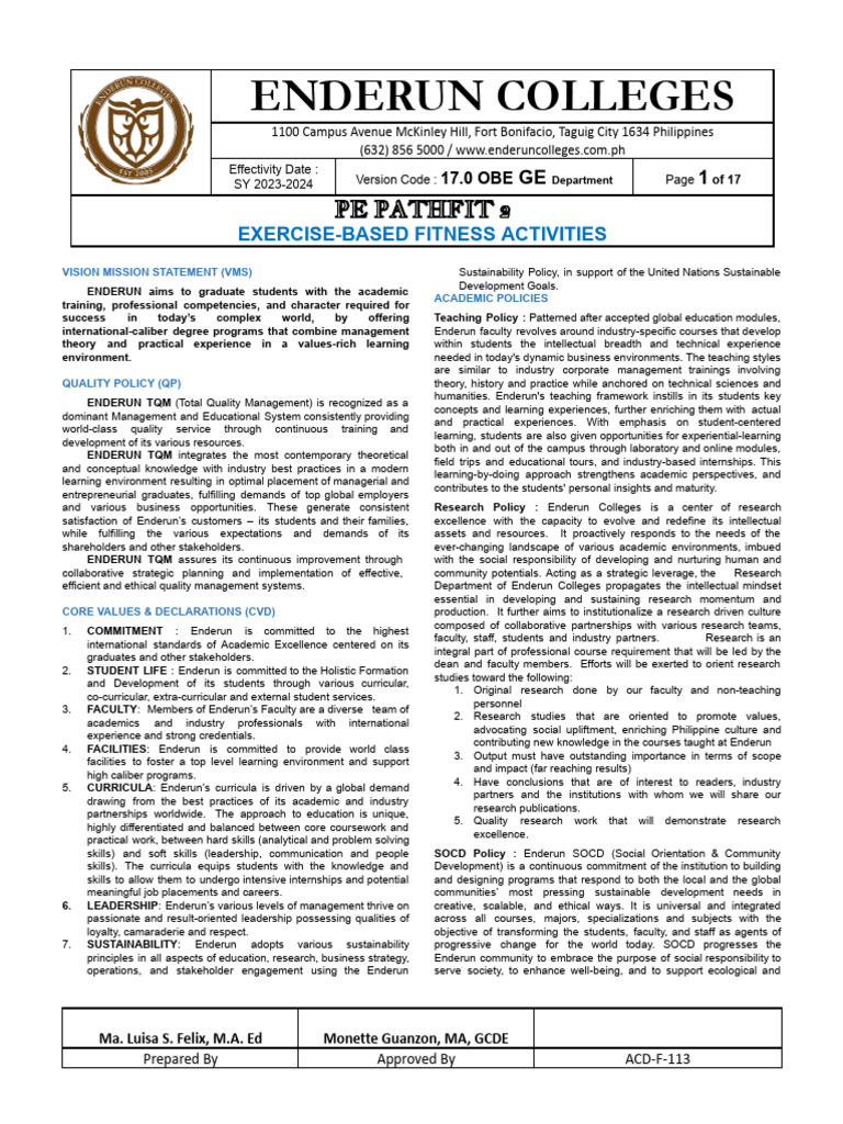 Pe Pathfit 2 ExerciseBased Fitness Activities v. 17 PDF Physical